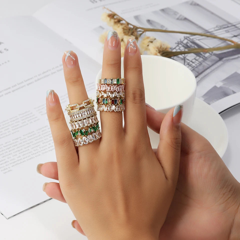 ZAKOL Fashion Murtilcolor Baguette Zirconia Rings for Women Marquise Crystal Men Ring Wedding Party Jewelry Gift