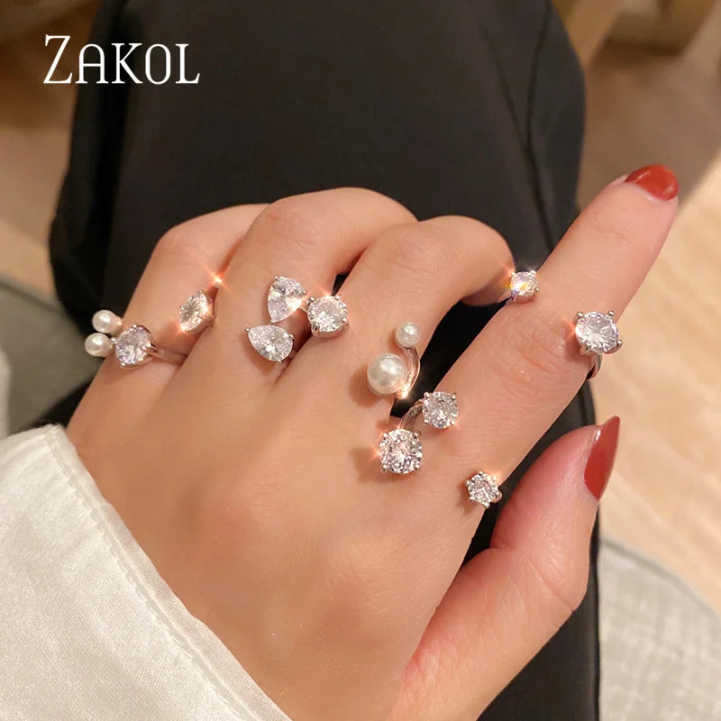 ZAKOL Korea Shiny Cubic Zircon Leaf Shape Open Rings for Women Fashion Geometry Crystal Finger Ring Anillos for Party Jewelry