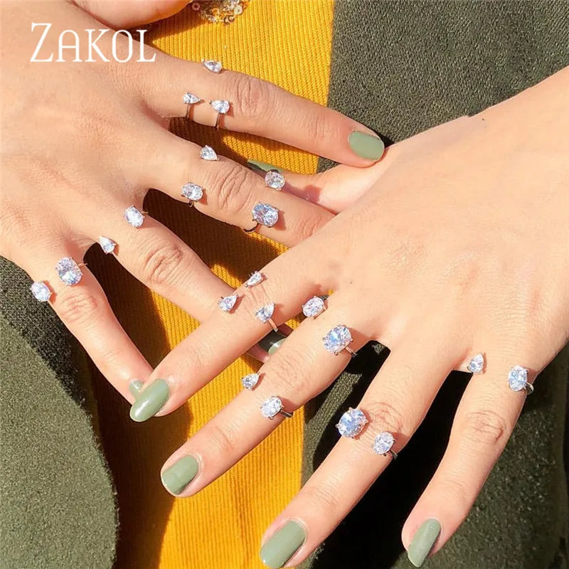 ZAKOL Korea Shiny Cubic Zircon Leaf Shape Open Rings for Women Fashion Geometry Crystal Finger Ring Anillos for Party Jewelry