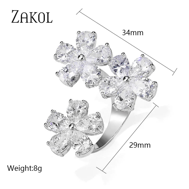 ZAKOL Korea Shiny Cubic Zircon Leaf Shape Open Rings for Women Fashion Geometry Crystal Finger Ring Anillos for Party Jewelry