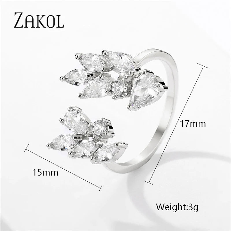 ZAKOL Korea Shiny Cubic Zircon Leaf Shape Open Rings for Women Fashion Geometry Crystal Finger Ring Anillos for Party Jewelry