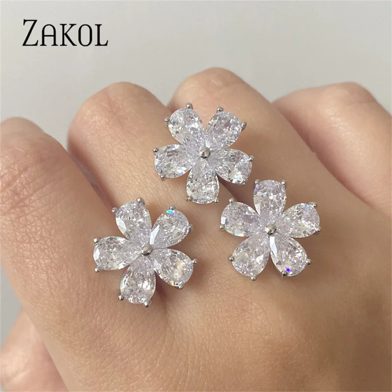 ZAKOL Korea Shiny Cubic Zircon Leaf Shape Open Rings for Women Fashion Geometry Crystal Finger Ring Anillos for Party Jewelry