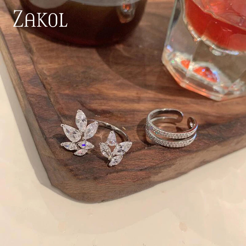 ZAKOL Korea Shiny Cubic Zircon Leaf Shape Open Rings for Women Fashion Geometry Crystal Finger Ring Anillos for Party Jewelry