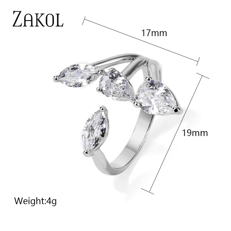 ZAKOL Korea Shiny Cubic Zircon Leaf Shape Open Rings for Women Fashion Geometry Crystal Finger Ring Anillos for Party Jewelry