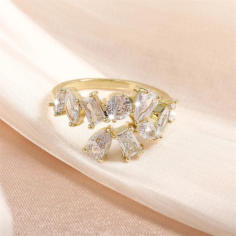 ZAKOL Korea Shiny Cubic Zircon Leaf Shape Open Rings for Women Fashion Geometry Crystal Finger Ring Anillos for Party Jewelry