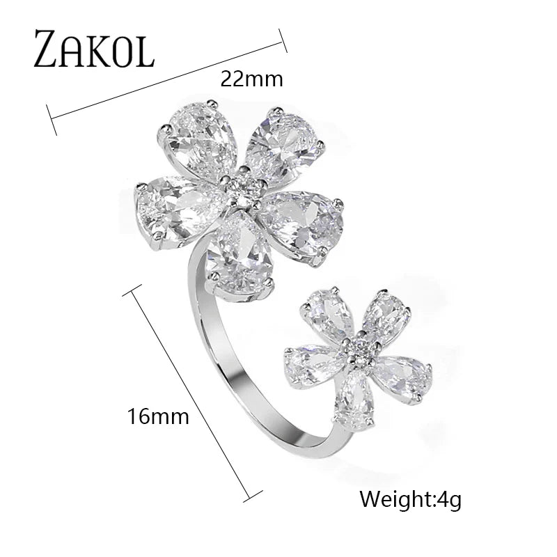 ZAKOL Korea Shiny Cubic Zircon Leaf Shape Open Rings for Women Fashion Geometry Crystal Finger Ring Anillos for Party Jewelry