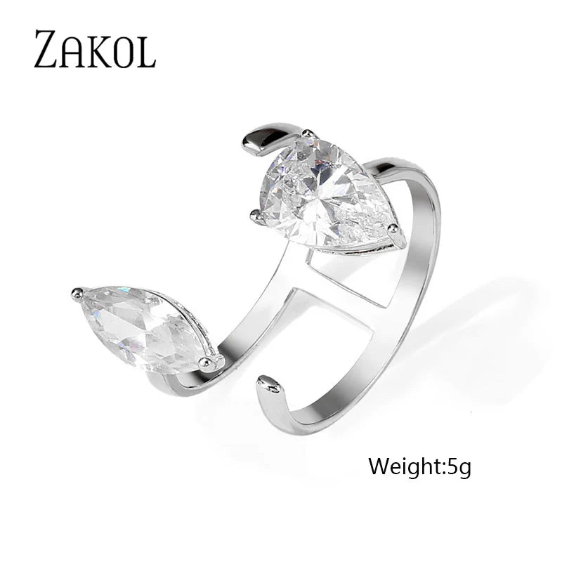 ZAKOL Korea Shiny Cubic Zircon Leaf Shape Open Rings for Women Fashion Geometry Crystal Finger Ring Anillos for Party Jewelry