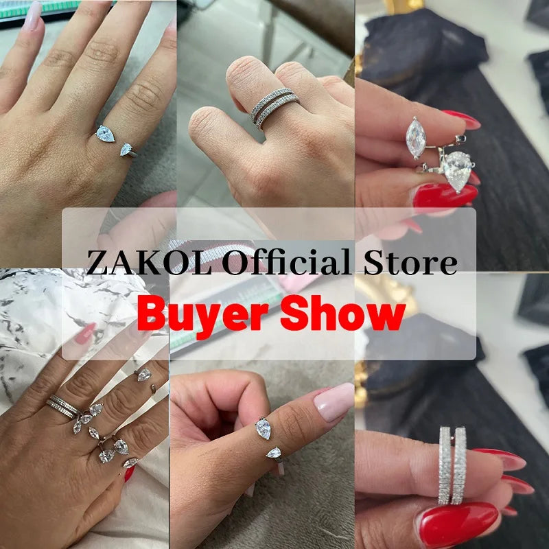 ZAKOL Korea Shiny Cubic Zircon Leaf Shape Open Rings for Women Fashion Geometry Crystal Finger Ring Anillos for Party Jewelry