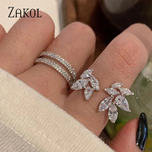 ZAKOL Korea Shiny Cubic Zircon Leaf Shape Open Rings for Women Fashion Geometry Crystal Finger Ring Anillos for Party Jewelry