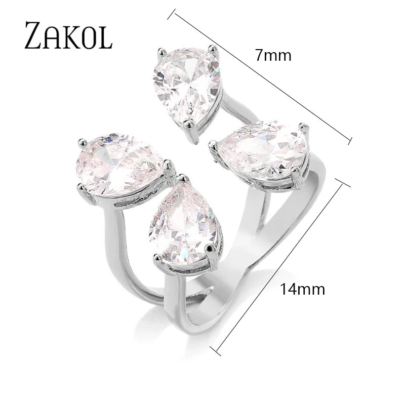 ZAKOL Korea Shiny Cubic Zircon Leaf Shape Open Rings for Women Fashion Geometry Crystal Finger Ring Anillos for Party Jewelry