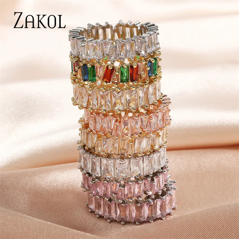 ZAKOL Fashion Murtilcolor Baguette Zirconia Rings for Women Marquise Crystal Men Ring Wedding Party Jewelry Gift