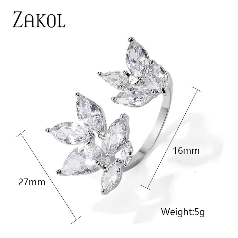 ZAKOL Korea Shiny Cubic Zircon Leaf Shape Open Rings for Women Fashion Geometry Crystal Finger Ring Anillos for Party Jewelry