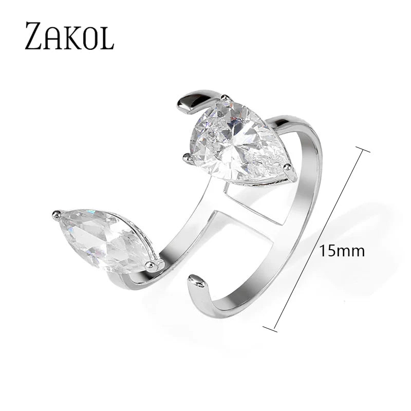 ZAKOL Korea Shiny Cubic Zircon Leaf Shape Open Rings for Women Fashion Geometry Crystal Finger Ring Anillos for Party Jewelry