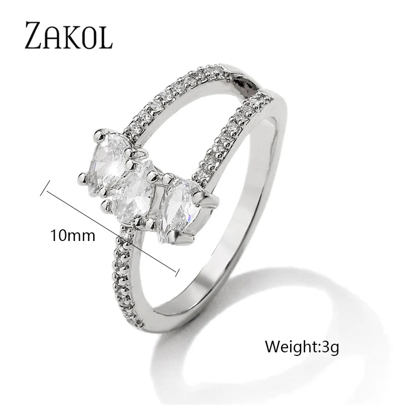 ZAKOL Korea Shiny Cubic Zircon Leaf Shape Open Rings for Women Fashion Geometry Crystal Finger Ring Anillos for Party Jewelry