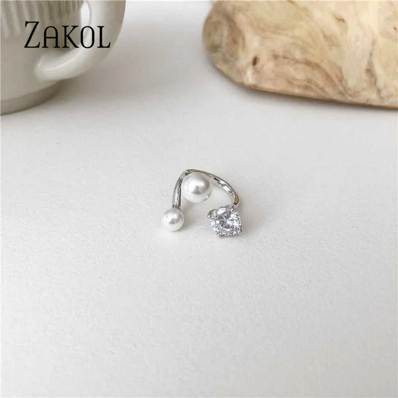 ZAKOL Korea Shiny Cubic Zircon Leaf Shape Open Rings for Women Fashion Geometry Crystal Finger Ring Anillos for Party Jewelry