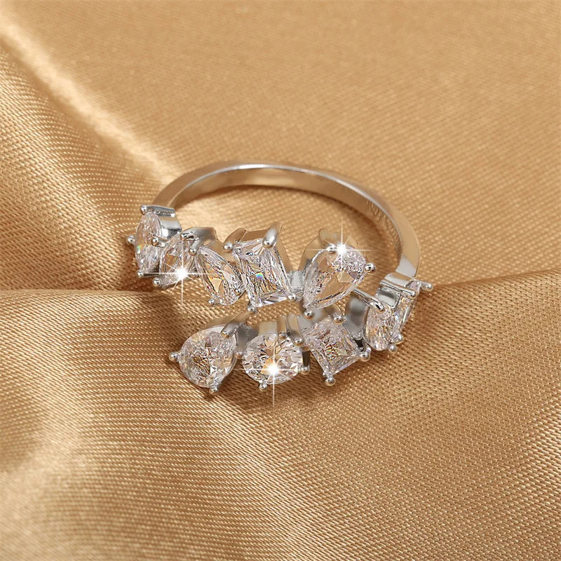 ZAKOL Korea Shiny Cubic Zircon Leaf Shape Open Rings for Women Fashion Geometry Crystal Finger Ring Anillos for Party Jewelry