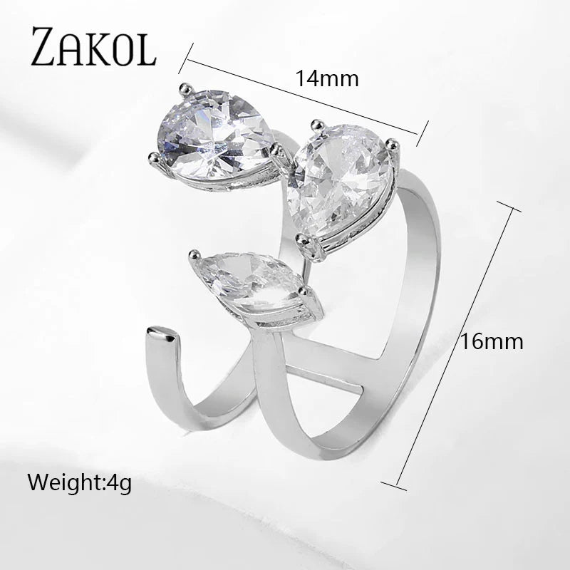 ZAKOL Korea Shiny Cubic Zircon Leaf Shape Open Rings for Women Fashion Geometry Crystal Finger Ring Anillos for Party Jewelry