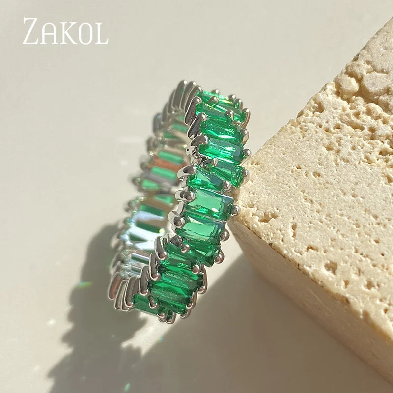 ZAKOL Fashion Murtilcolor Baguette Zirconia Rings for Women Marquise Crystal Men Ring Wedding Party Jewelry Gift